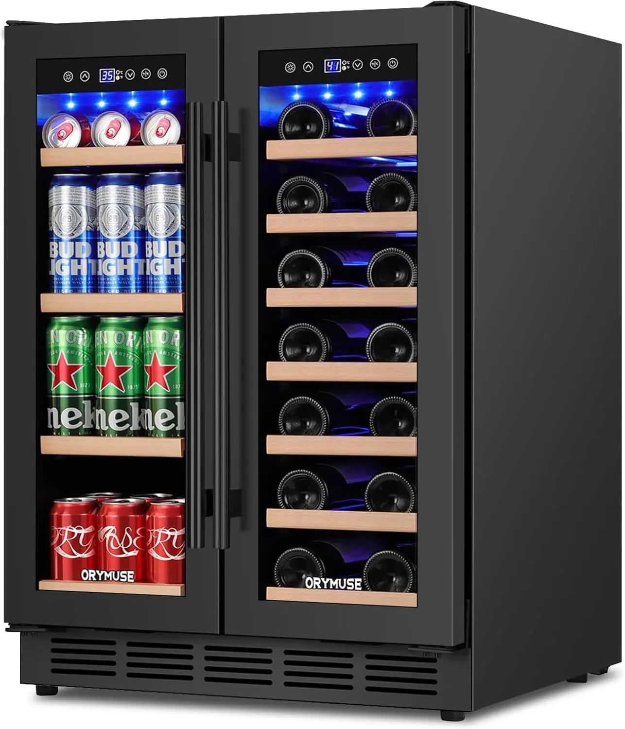 OMNIRA 24" Dual Zone Wine & Beverage Refrigerator – Under Counter Cooler with Upgraded Cooling & Blue LED Light, Hold 20 Bottles and 88 Cans Large Capacity Wine Fridge, Built-In or Freestanding – Black