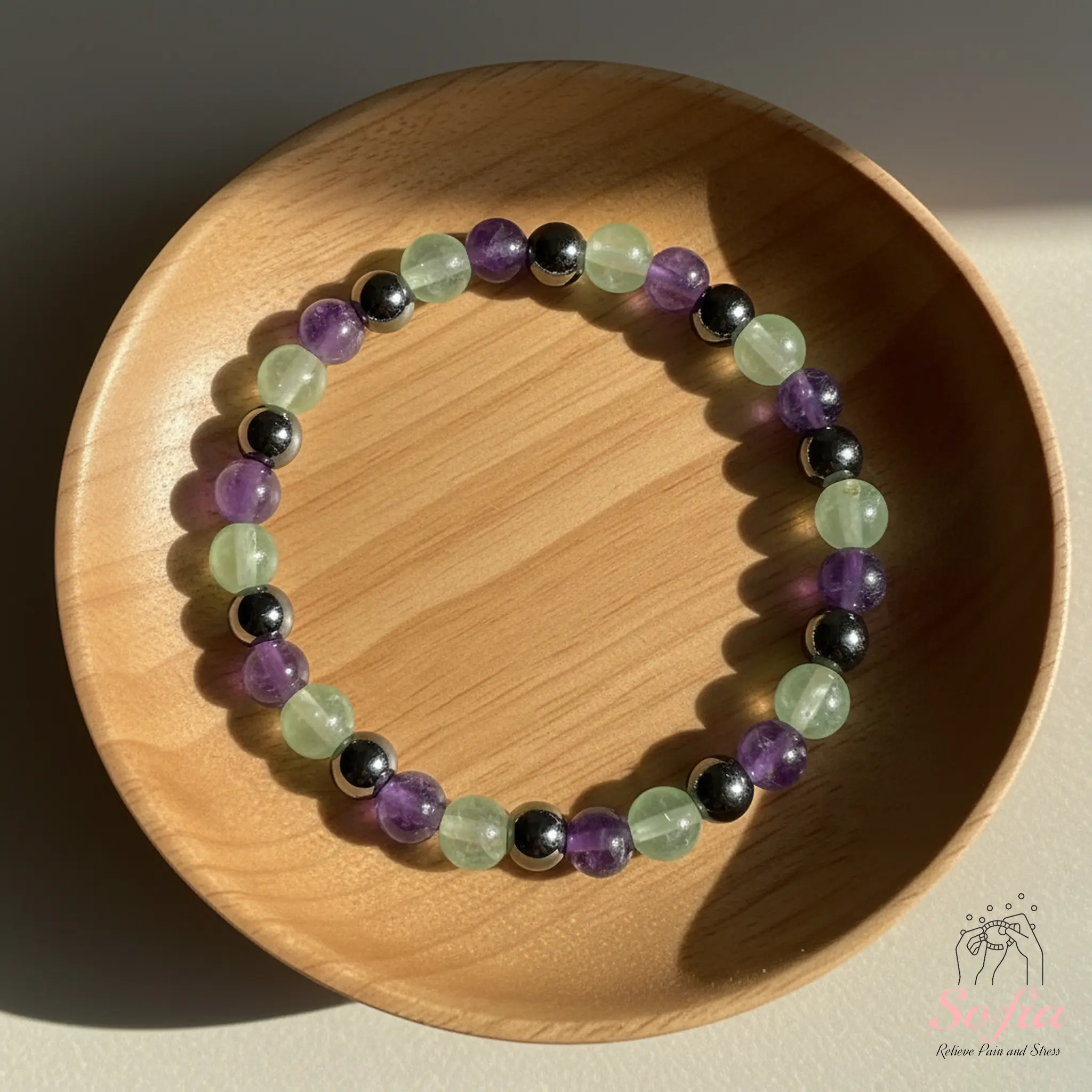 Sofia Healing Balance Bracelet - 6mm Hematite Green Fluorite Amethyst Beaded Bracelet - Calming Healing Bracelet Gift for her, gift for him