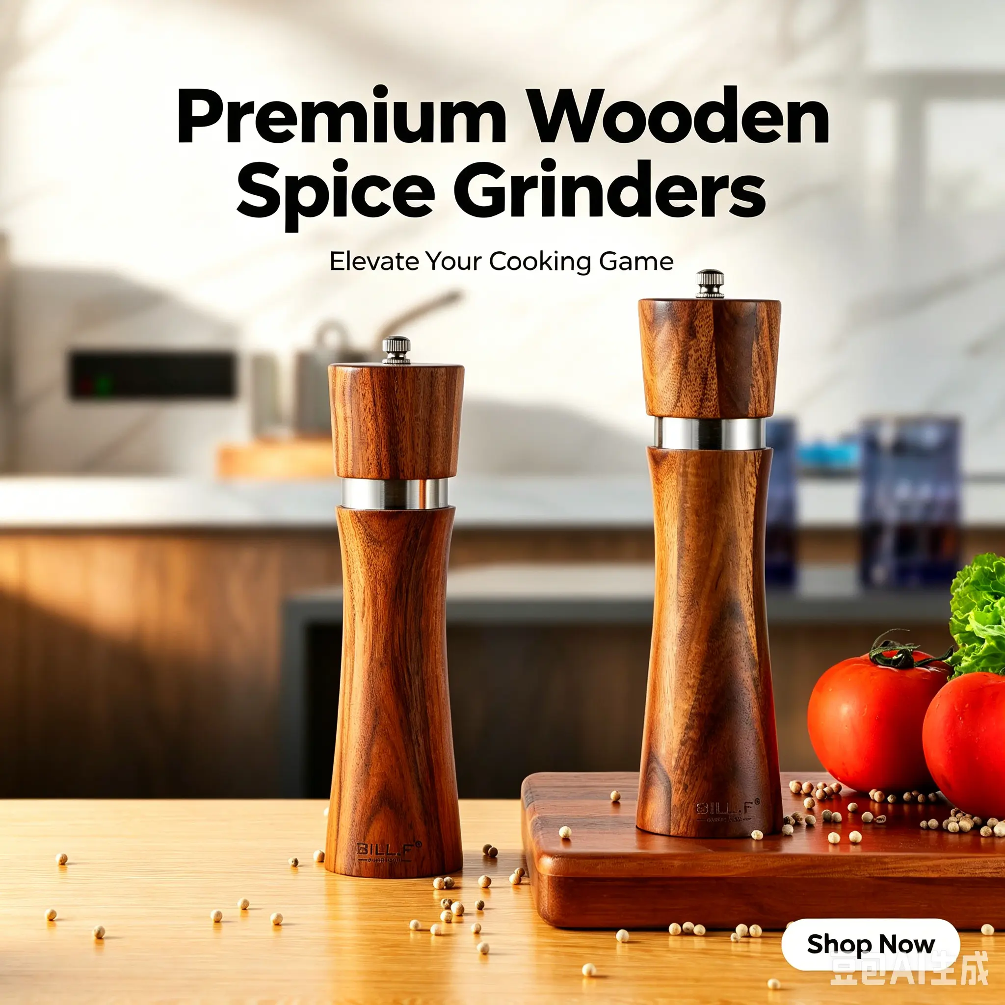 Bill.F 8.5in Set of 2 Lightweight Sturdy Acacia Wooden Spice Grinders - Stainless Steel Manual Salt & Pepper Mills, Adjustable Ceramic Core, Rustic Kitchen Seasoning Utensils for Housewarming, Weddings, Birthdays (Thoughtful Wedding Gift), Wood Grain