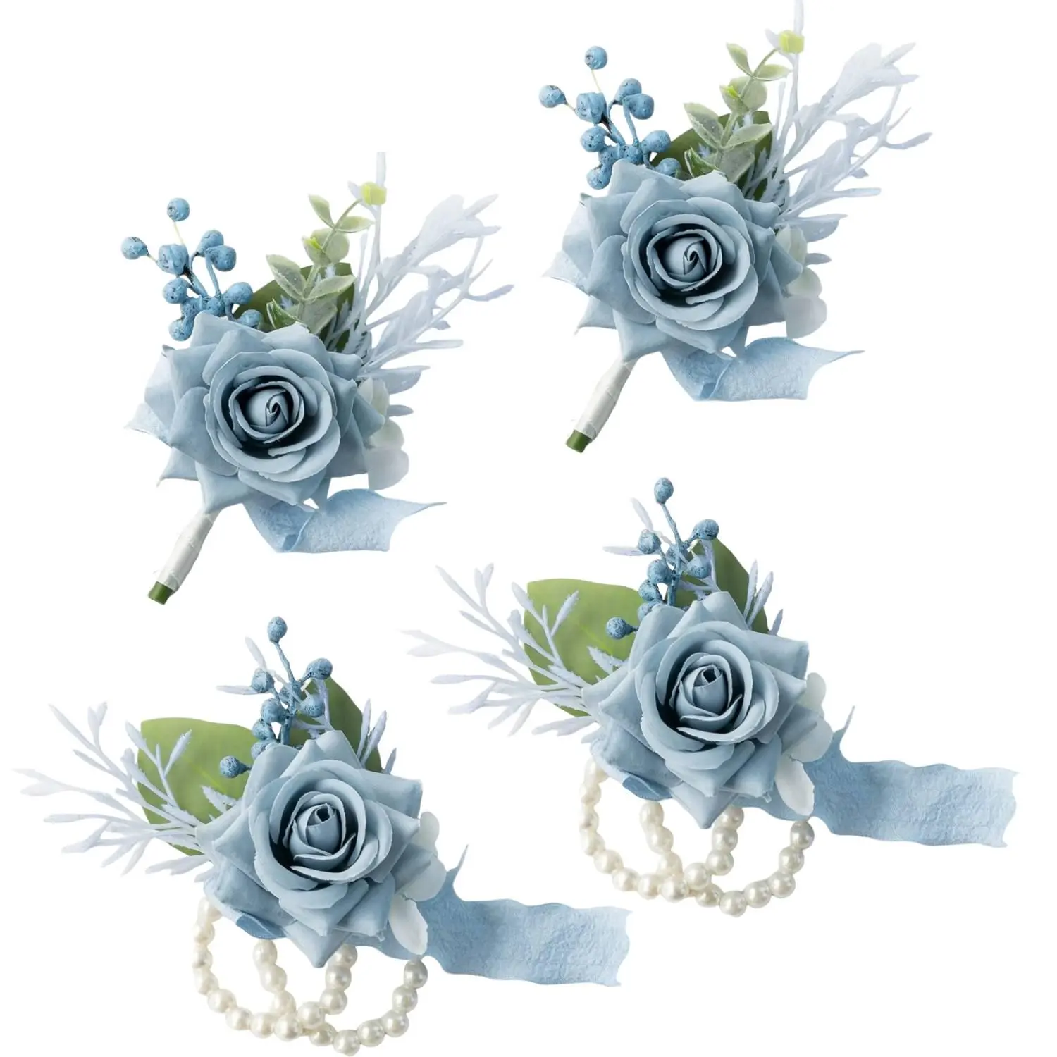 Wrist Corsage Wristlet and  Set for Wedding Bridesmaid Mother Grandmother for Bridal Shower Wedding Artificial Roses Flower Prom Set of 4 (Dusty Blue