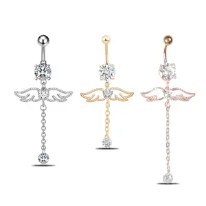 HERVAY 14G/10MM Stainless Steel Belly Ring - White/Rose Gold with Angle Wing & Big Diamond - Chain Tassel Design - Durable Bold Look - Unisex Piercing Jewelry