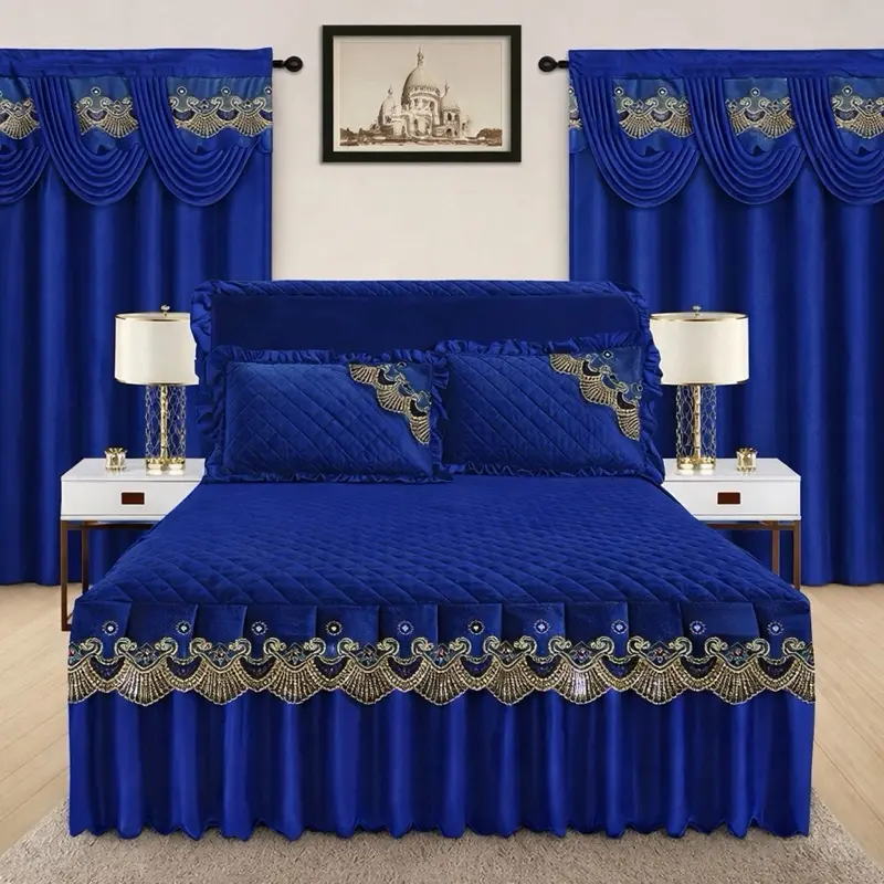 5 Pieces Royal Blue Bedroom Set New Sheet Bedding with Matching Curtains for Cozy Home Decor