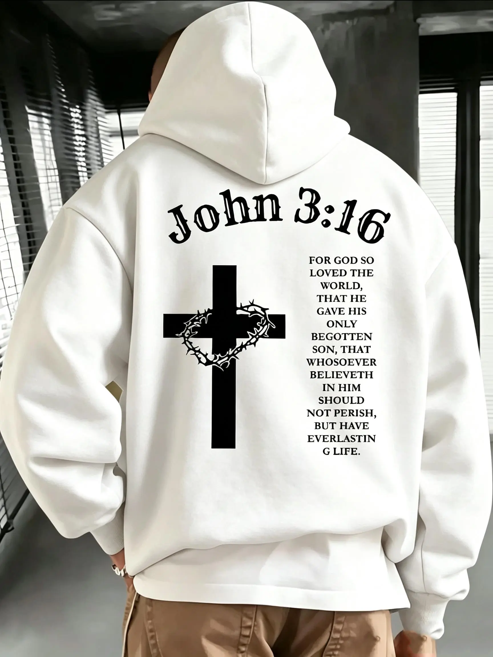 John 3:16 Cross Graphic Men's Hoodie, Christian Casual Sweatshirt Classic Cotton