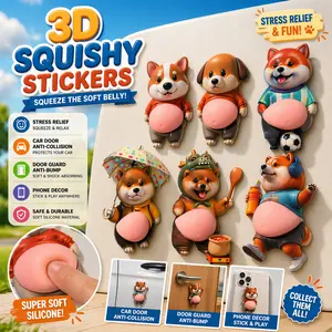 Squishy Dog Stickers, 6 Cute Designs, 3D Soft Silicone Belly, Peel & Stick Door Wall Car Phone Decor, Stress Relief Fidget Toy, Cute Fridge Decor, Kids Room & Desk Decoration Gift