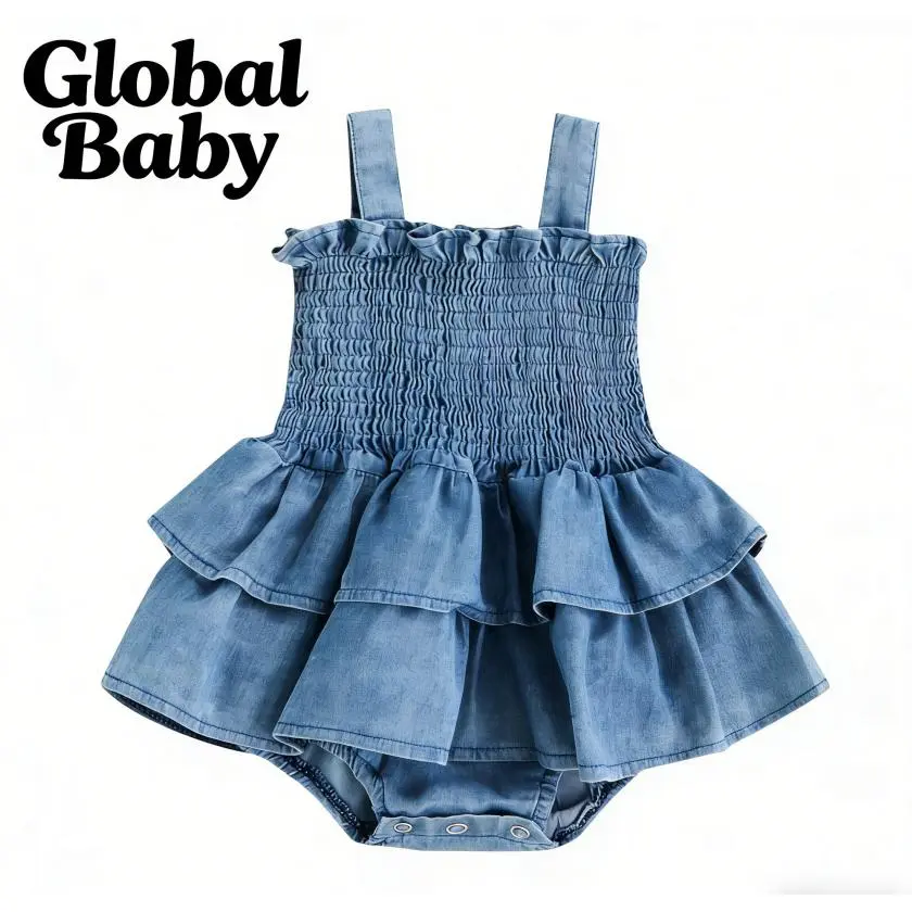 Global Baby Infant Girls Denim Romper Solid Color  Ruched Sleeveless Sling Bodysuits Summer Newborn Baby  Baby Girl Romper Sleeveless Suspender Pleated Design Ruffle Hem Bottom Snap