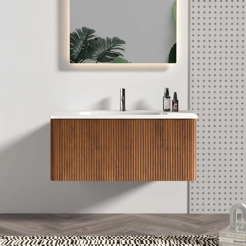 Etna 36" Striped Walnut Bathroom Vanity with White Ceramic Sink, Wall Mounted Floating Bathroom Vanity for Modern Bathroom, KD