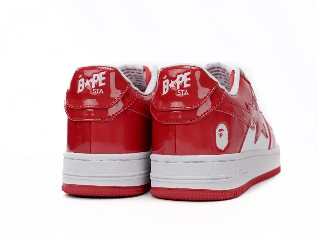 Two Tone Red White Gloss Patent Leather Low Top Platform Skate Sneakers, Matching Red Stitched Lightning Star Graphic White Cushioned Midsole Red Edge Rubber Outsole Unisex Y2K Street Daily Walking Trainers