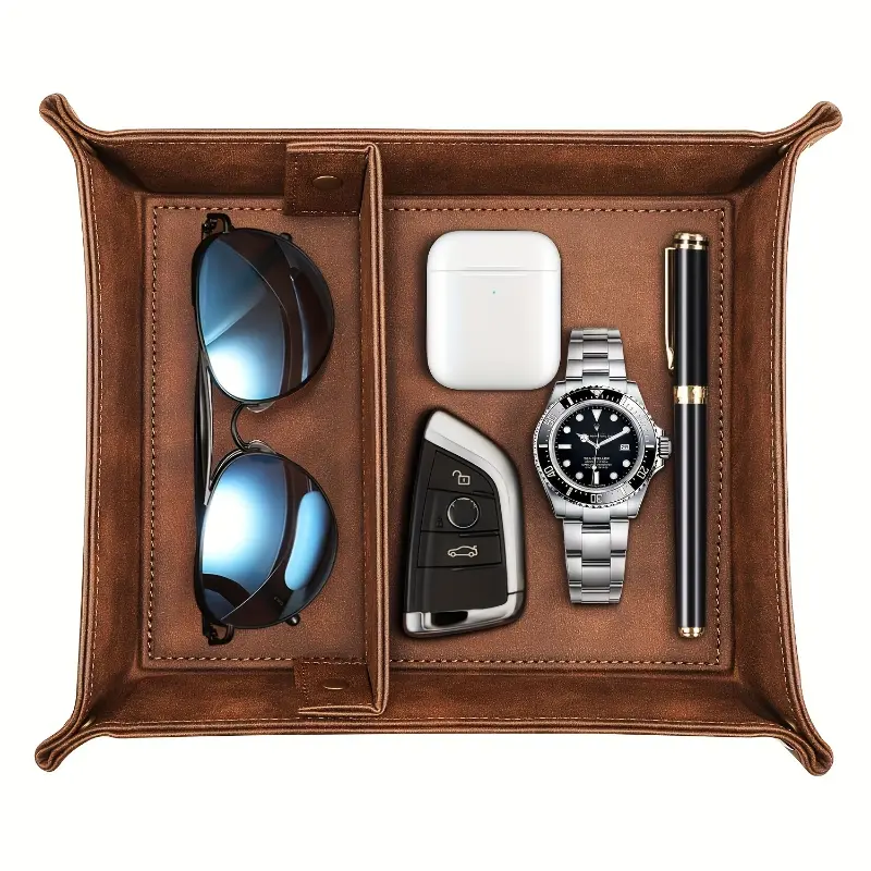 Vintage-Style Brown PU Leather Durable Valet Tray Organizer - Water-Resistant, Scratch-Proof Desktop Storage with Snap Corners, 2 Compartments for Jewelry, Keys, Wallet - Ideal Gift for Men