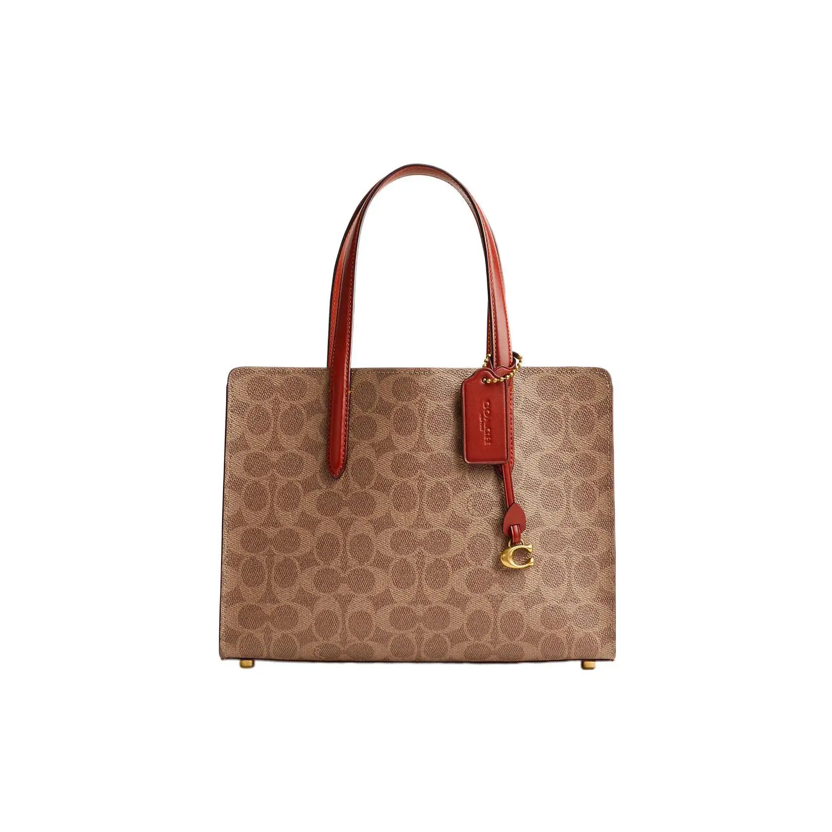 Coach Carter 28 Embroidered Logo Classic Monogram Leather And PVC Tote Bag For Women In Brown Shoulder Tote Casual Cowhide Bag