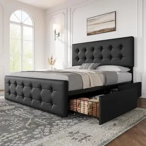 Garvee - Queen Size Bed Frame with 4 Storage Drawers and Headboard, Upholstered Platform Bed Frame in Faux Leather with Wooden Slat Support, Button-Tufted Design, no
