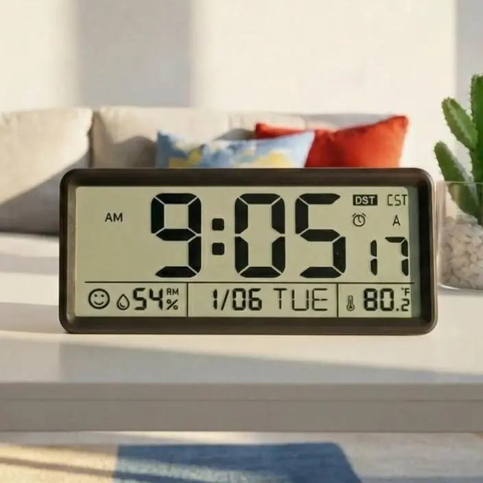 [Easy to Setup] 15 Inch Large Digital Clock, Self-Setting Atomic Clock, Auto DST, Battery Operated, Indoor Temperature & Humidity, Large Display Wall Clock for Garage/Office/Work Space/Shed/Kitchen/Classroom/Living Room(Batteries Not Included)