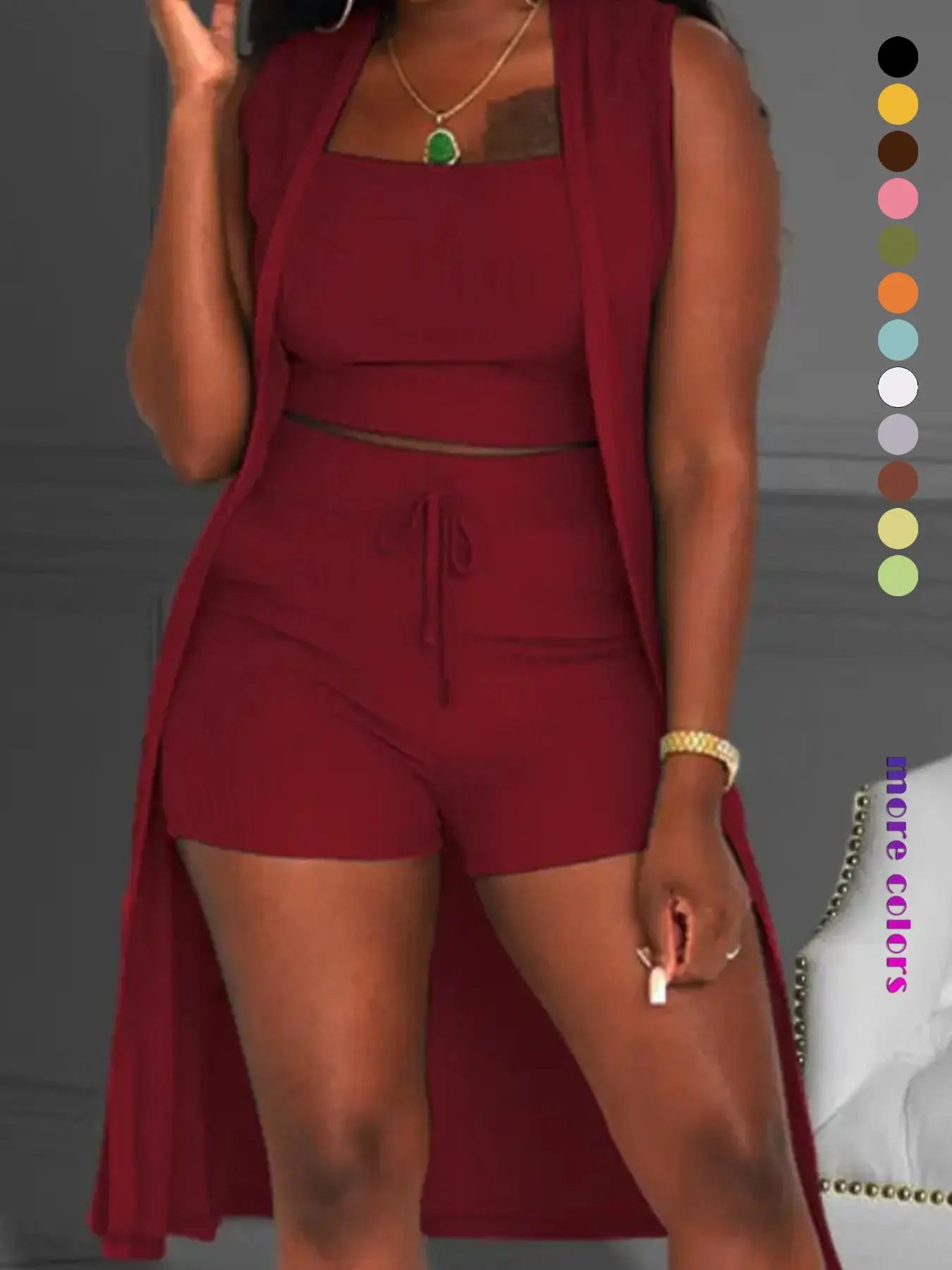 Three-Piece Set Women's Solid Ribbed Co-ord Set, Casual Crop Tank Top & Drawstring Waist Shorts & Vest Coat Set for Daily Wear, Summer Clothes, Women's Clothing