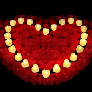 2000pcs Red Artificial Rose Petals with 24 Heart LED Tea Lights Rose Petals and Candles Set for Proposal Anniversary Romantic Night Wedding Decor