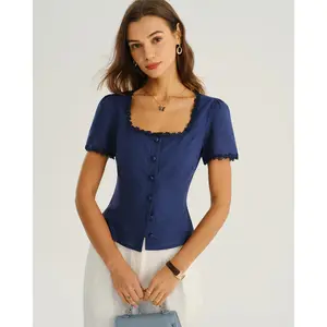 rihoas Women's Chic Solid Navy Square Neck Short-Sleeve Hip-Length Linen-Cotton Button Blouse, Women's Shirts,summervibes