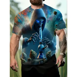 Men'S 3D Alien Space Sword Cyberpunk Pattern T-Shirt - Plus Size Short Sleeve, Bright Sci-Fi Print with Eyes And Futuristic Design for Casual Wear And Gaming - Geek Culture Clothing, Round Neck Regular Fit with Space Print, Machine Washable