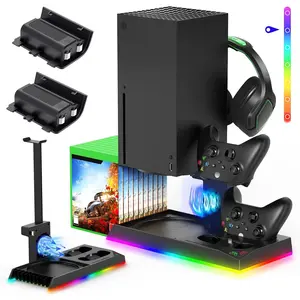 Upgrade Stand for Xbox Series X with Back Cooling Fan& RGB Lights, Charging Station with Controller Charger Dock &Game Storage Rack Organizer& Headset Stand with 2X1400 mAh Rechargeable Battery Pack