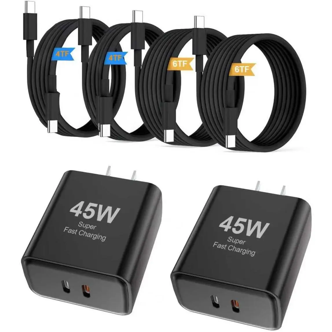 45W Super  Charger Type C, 2 Pack 35W +10W USB C  Block with 4FT+6FT Type C Cables for S amsung G alaxy S25 S24+/UltraS23/S22/S21/S20/Note10/20 i Phone 17/16/15 USB C Charger
