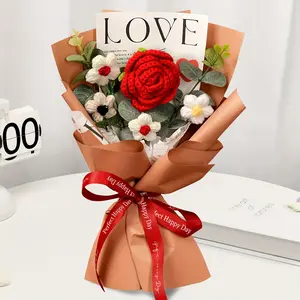 Handmade Crochet Rose Sunflower Bouquet, Fabric Knitted Flowers, Knitted Roses, Floral Decorative Spring Autumn Home Desktop Decoration, Perfect Gift for Various Occasions