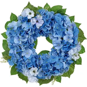 Hollyone Artificial Hydrangea Wreath for Front Door, 20 Inch Blue Faux Hydrangea Flower Wreaths Fake Spring Summer Flowers Wreath for All Season Indoor Outdoor Home Mantel Wall Farmhouse Decor