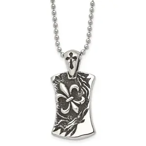 Chisel Stainless Steel Antique Polished Fleur de Lis Dog Tag Necklace