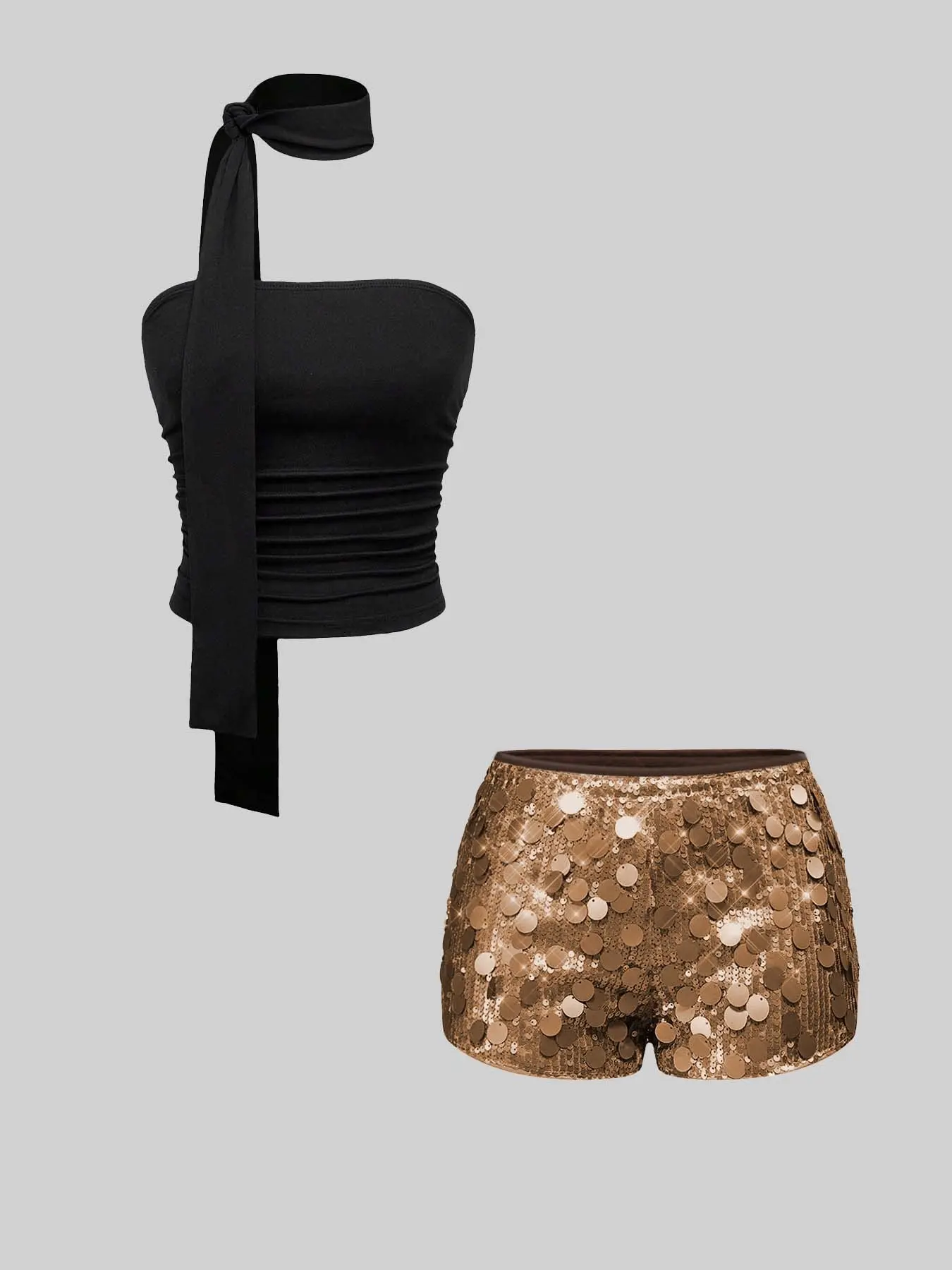 Women's Sexy Bodycon Top and Sequin Shorts Set Outfit, Y2K Street Style, Perfect for Parties, Christmas, Music Festivals, Holiday Celebrations
