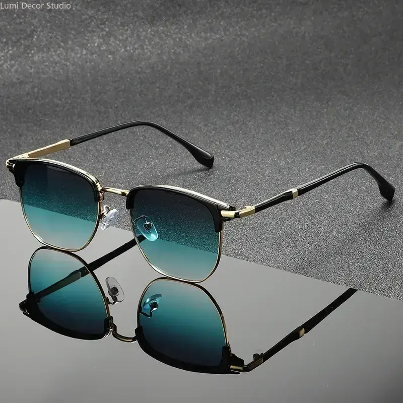 Browline Gradient Teal Sunglasses for Men and Women, Gold Frame, UV Protection, Classic Retro Fashion Sunglasses Sports Eyewear