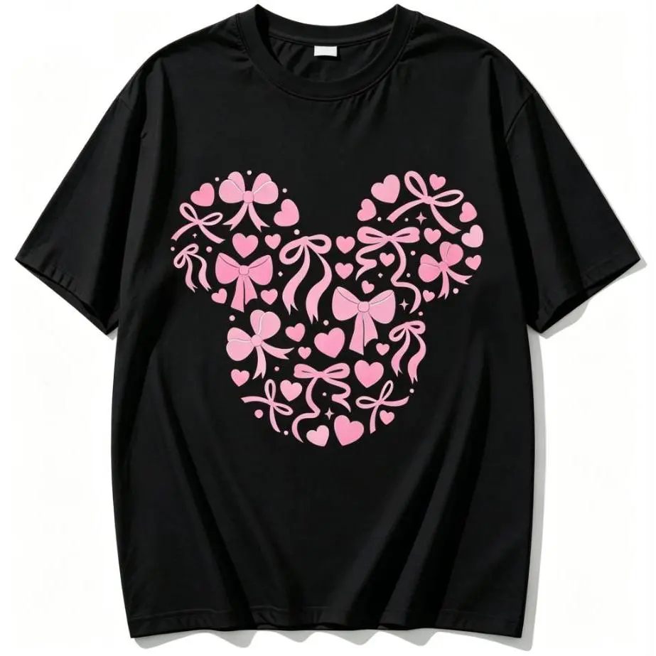 Lady's Breathable Cotton Short-Sleeve Casual Round Neck Top - Pink Bow & Heart Mickey Head Aesthetic T-Shirt