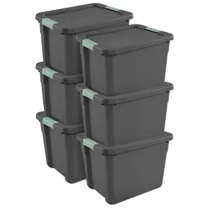 Sterilite 6Pk Latch Tote, Stackable Plastic Storage Container, 12Gal, Gray/Green