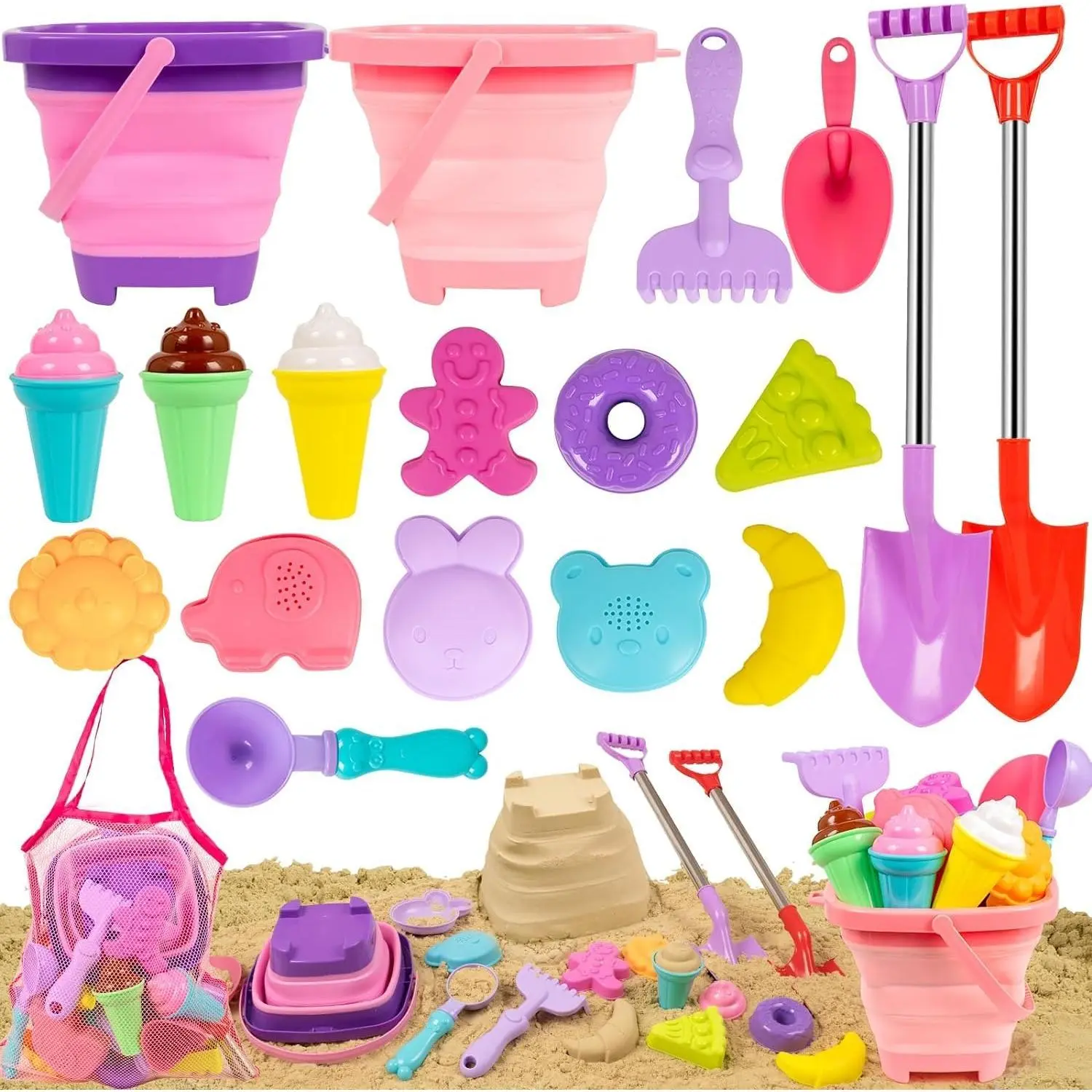 P-TBT091   Beach Sand Toys Set Includes Collapsible Buckets 2 Big Size Sand Shovels, Rake, Animal Sand Molds Toys with Mesh Bag Silicone Pail, Sandbox Kit for Kids Age 3+ (19 PCS)