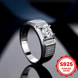 925 Sterling Silver Inlaid Ring with Shiny Zircon Ring - Simple and Fashionable Atmosphere Jewelry for Men - High Quality 8.5 Grams