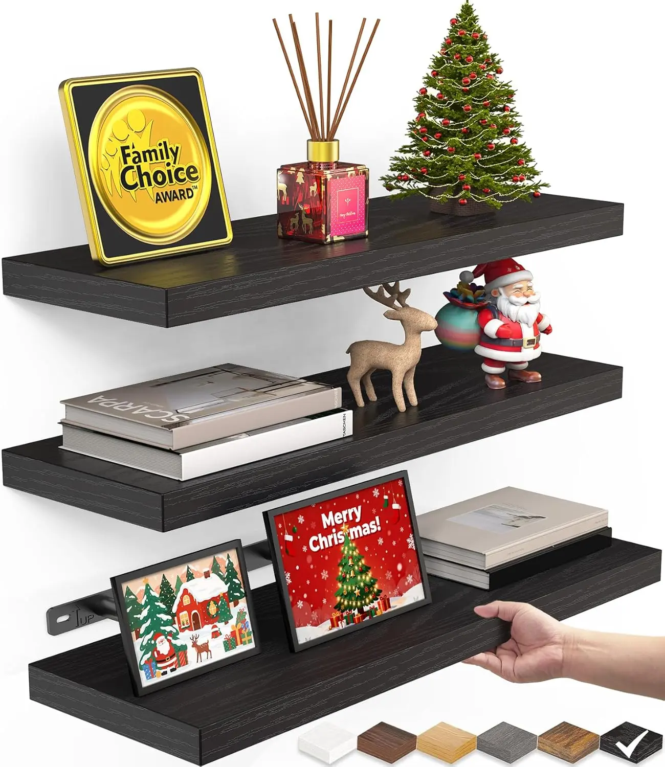 Floating Shelves for Wall, Wall Mounted Rustic Wood Shelves for Bathroom, Bedroom, Living Room, Kitchen, Hanging Shelf for Books/Storage/Room Decor with 22lbs Capacity (Black, Set of 3, 15.7in)