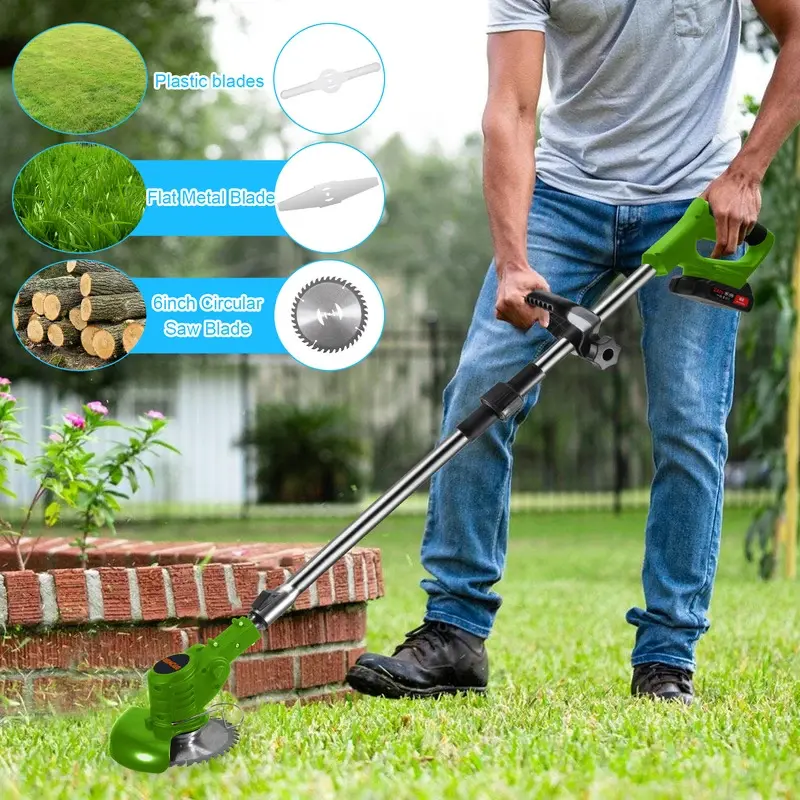 US Plug Cordless String Trimmer with 3 Types Blades 2 Battery Powered Electric Grass Trimmer Tool Lightweight Edger Brush Cutter