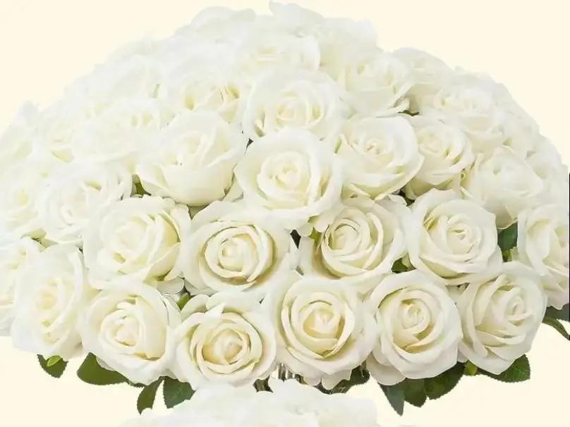 S.W.us 10-Piece Pollen-Free Safe Fray-Resistant Artificial Rose Flower Set - 20in Long-Stem Fake Silk Roses (3.15in Head Diameter) with Pure Ivory White Plastic Vase, Gift-Worthy Decor for Bridal Décor, Table Accents