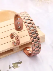 Copper Magnetic Bracelet & Ring, Adjustable Classic Textured Design Bangle, Bangles Bracelets Set, Fashion Accessories for Men & Women, Men Jewelry