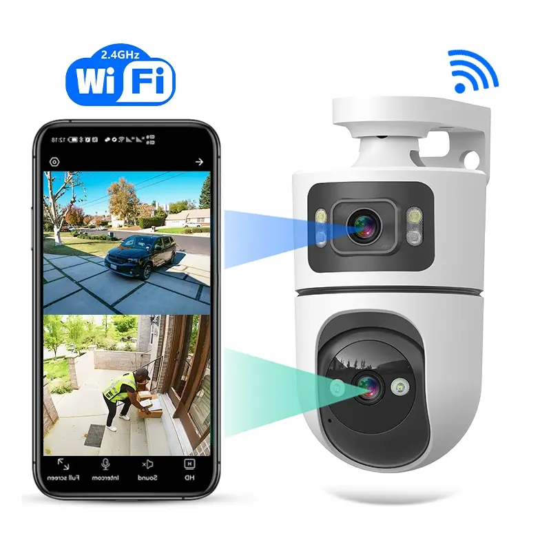 Dual Lens Security Camera, 3mp Wireless WiFi Camera, Surveillance Security Camera, 360° Ptz, Ip65 Waterproof, Motion Detection, Night Vision, Dual-Screen Display, Wifi Security Cameras, Monitoring Camera