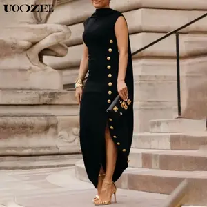 Loose sleeveless solid color split neck long skirt, summer black(Sheet)