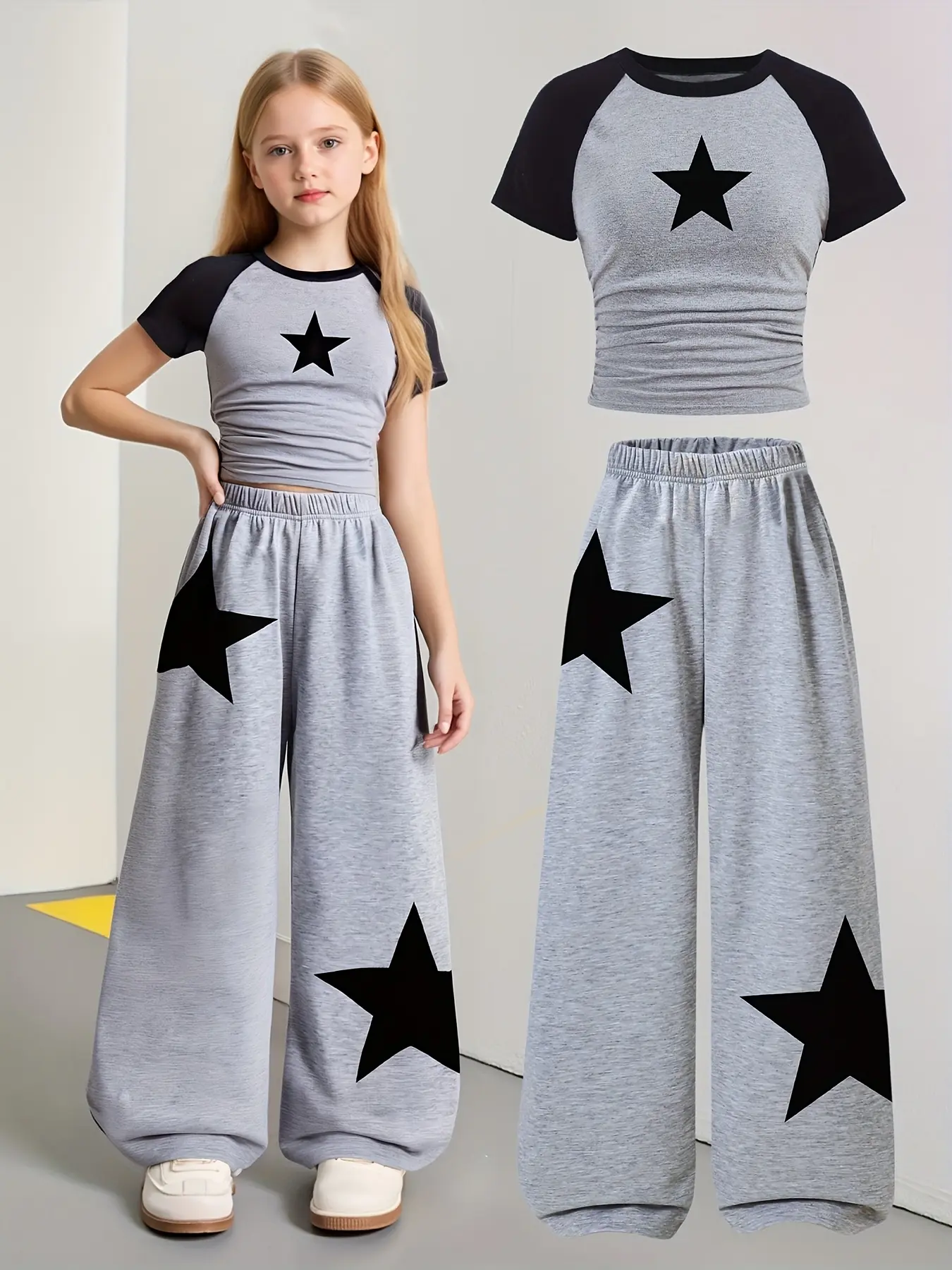 Girls Trendy Two-Piece Set for Back to School, Wide-Leg Sports Pants with Star Pattern, Perfect for Spring & Summer Celebrations, Casual Outfit Set, Summer Clothing Set