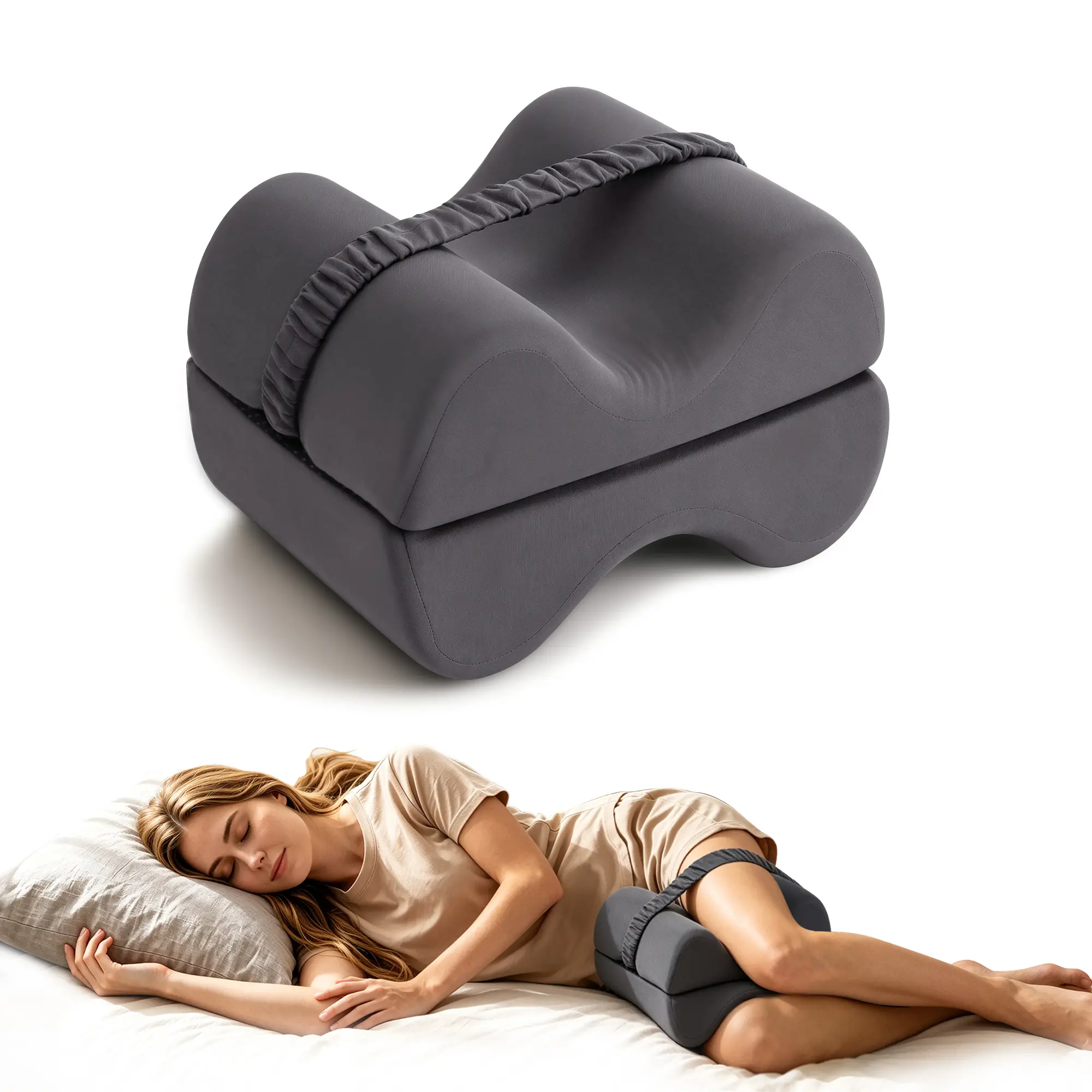 Foldable Split Memory Foam Knee Pillow for Side Sleepers - 11" x 7.9" x 7.9" Brushed Fabric, Strap, Non-Slip Base, Ergonomic Hip Back Pain Relief, Machine Washable Grey Pillow