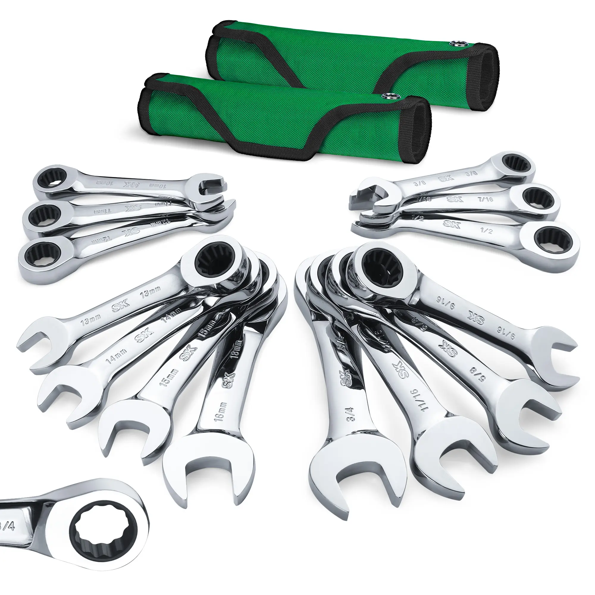#fathersdaygift SK Stubby Ratcheting Wrench Set, Combination Wrench Set, 72-Tooth, CR-V Steel, with Rolling Pouch