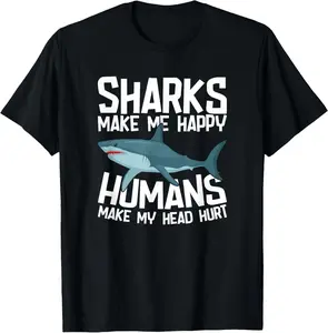 100% Cotton Funny Sharks Make Me Happy Marine Biology Shark T-Shirt
