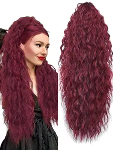 Fluffy Natural Water Wave Claw Clip In Long Synthetic Hair Elegant Loose Wavy Ponytail 28 Inch Heat Resistant Fiber For Women Daily Use Warm Wine Red Elegant Gold