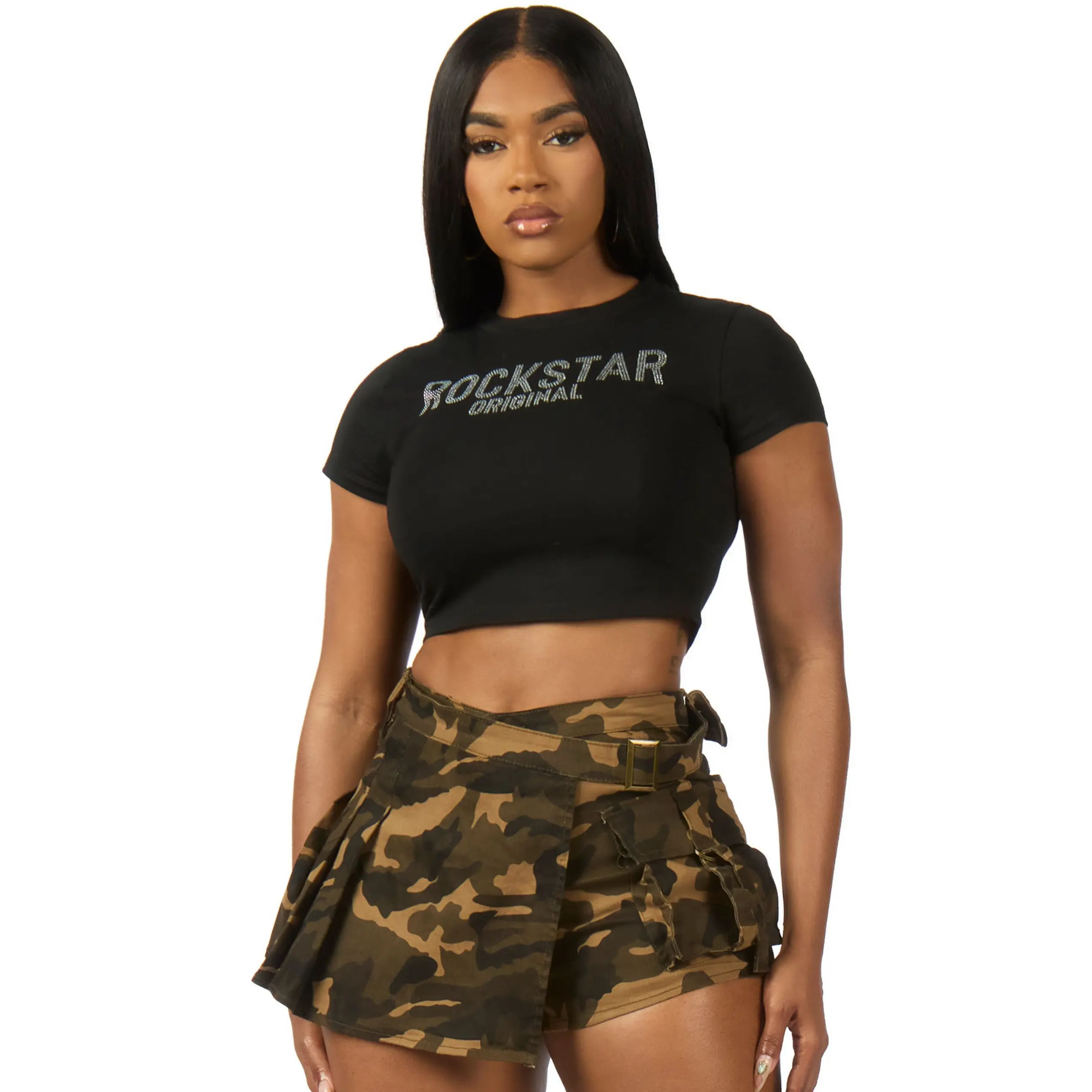 Erikka Black Rhinestone Crop Baby Tee Shirt