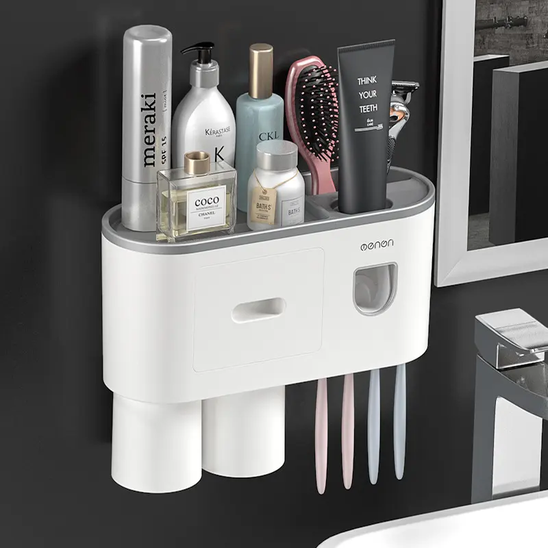 Multifunctional Wall-Mounted Toothbrush Holder, Self-Adhesive No-Drill Bathroom Organizer with Toothpaste Dispenser, Gargle Cup and Cosmetic Drawer for Home Supplies, Single Cup Toothpaste Dispenser Versatile Gray, [Double Cup Model With 1 Toothpaste Disp