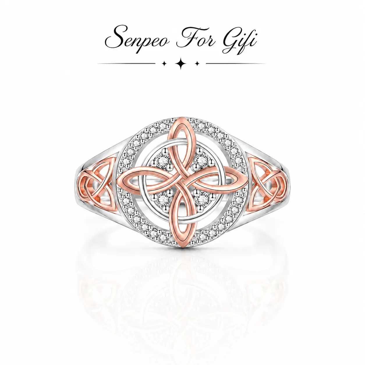 Rose Gold Plated Witches Knot Ring, Anillo Nudo de Bruja Original Celtic Knot Jewelry, Cubic Zirconia Decorated Witch’s Knot Ring, Witchtok Witch Jewelry Pagan Jewelry for Devotion and Protection Valentine’s Day gift