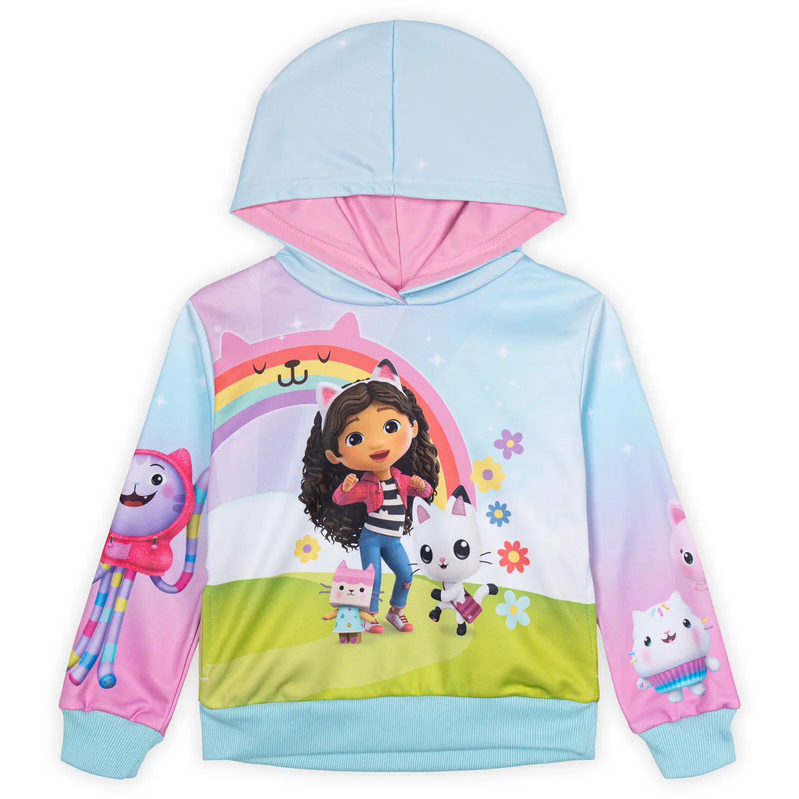 Dreamworks Gabby's Dollhouse Toddler Girls' Long Sleeve Pullover Hoodie - 360-Degree Sublimated Wrap Print, Ribbed Cuffs, Side Pockets, Athletic Fleece, Gradient Sky, Dollhouse Kitties, Back to School Haul, Chilly Wear, Sizes 3T-4T, Cartoon Style, All Ove