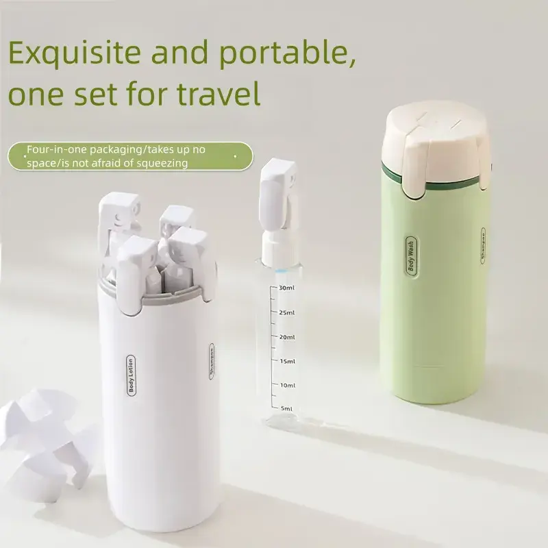 4-in-1 Travel Dispenser Bottle, Compact and Portable Space Saver with 4 Refillable Containers for Shampoo and Cosmetics, Easy Carry