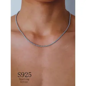 S925 Sterling Silver Hemp Rope Chain Necklace for Men, Fashion Jewelry for Party, Daily Decor, Trendy All-match & Exquisite Jewelry for Birthday Gift