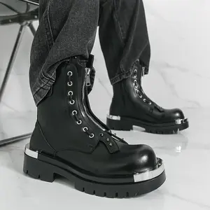 (New)Boots- Autumn Punk Style Thick-soled Big-headed Boots, Large Size 38-46 for Men, Black PU Upper with Metal Zipper Closure, Rubber Anti-slip Sole,  for Going Out, Punk Style Outfit, Motorcycle Boots