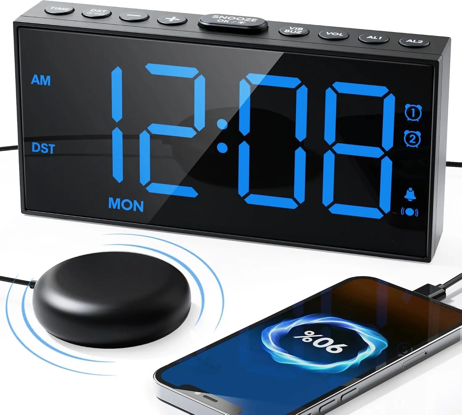 Vibrating Alarm Clock with Bed Shaker for Heavy Sleepers Adults, Dual Alarms for Weekday & Weekend, Large Display, Snooze, USB Charging Port, 12/24H DST