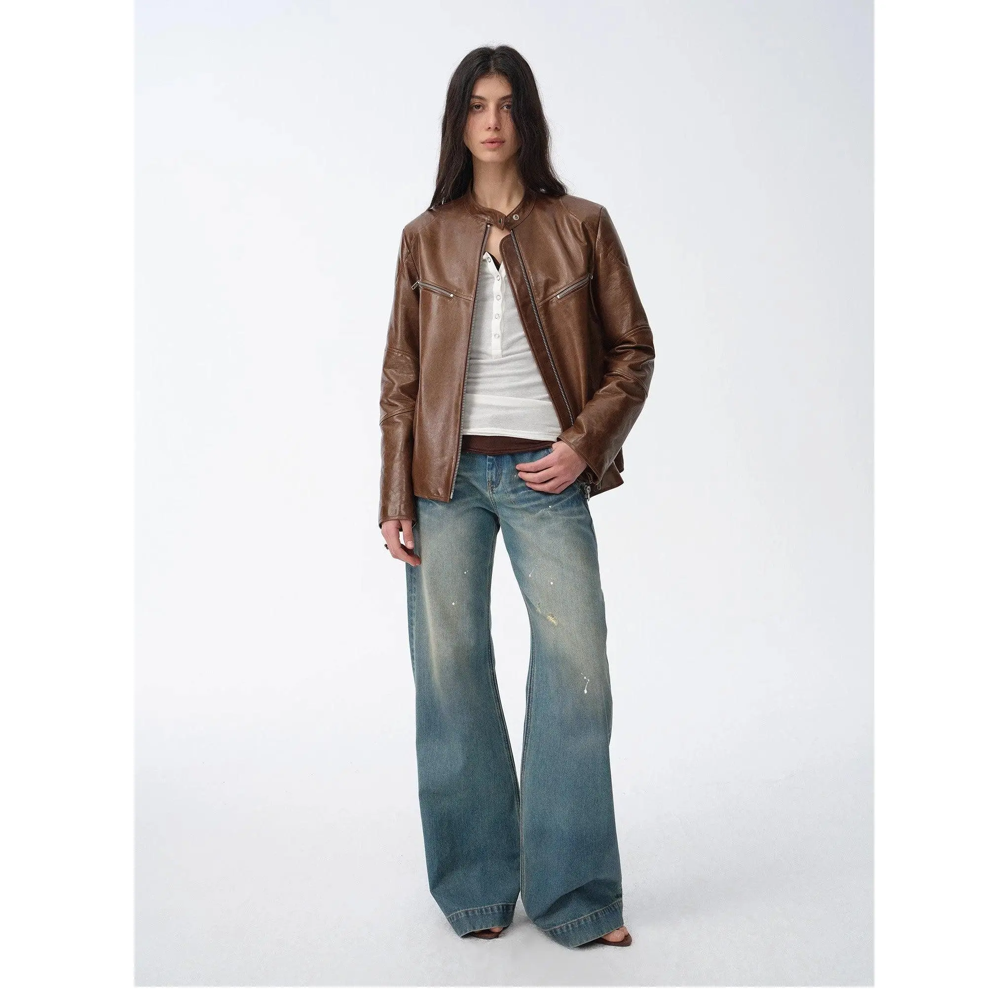 New Zealand Imported Waxed Sheepskin/Cowhide Vintage Motorcycle Leather Jacket Coats Tops